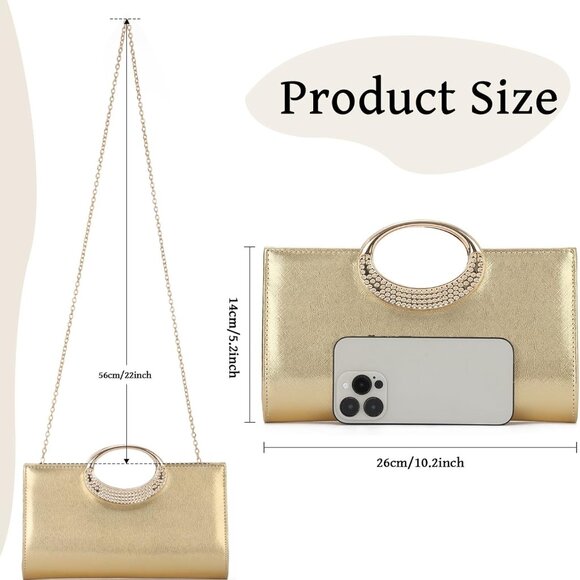 Gold PU Leather Clutch Purse for Women Evening Bag with Detachable Chain and Rhi - Picture 2 of 6